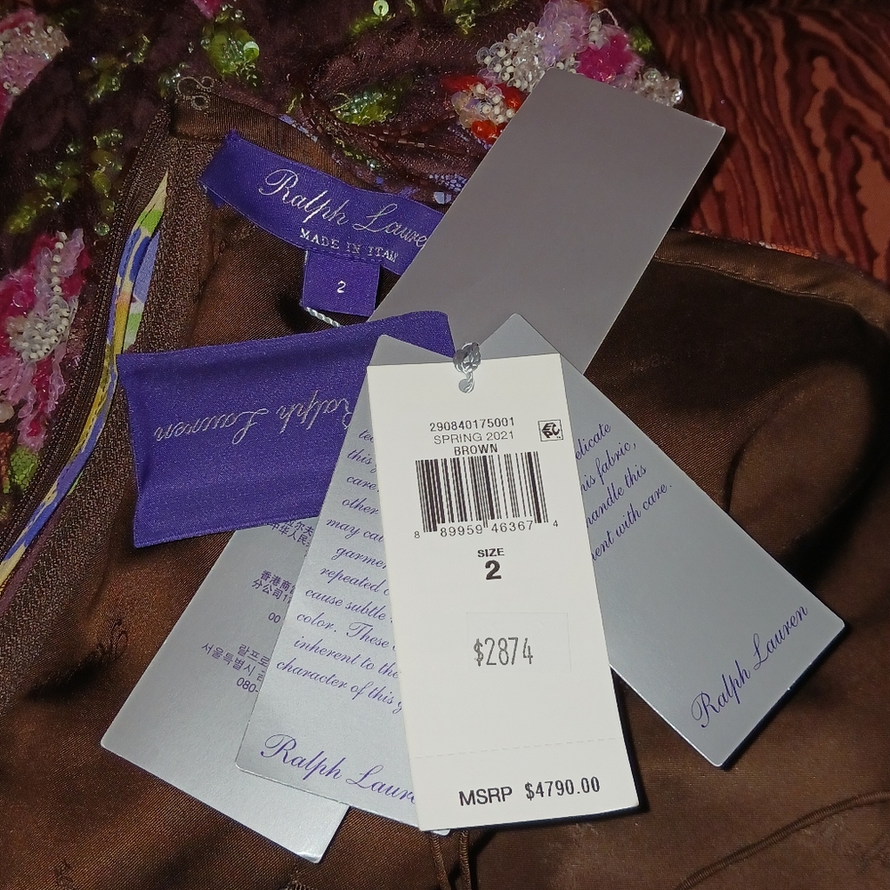 RALPH LAUREN Brown Sequin/Beads Floral Sleeveless Cocktail Dress Women's 2 NWT - Picture 8 of 16